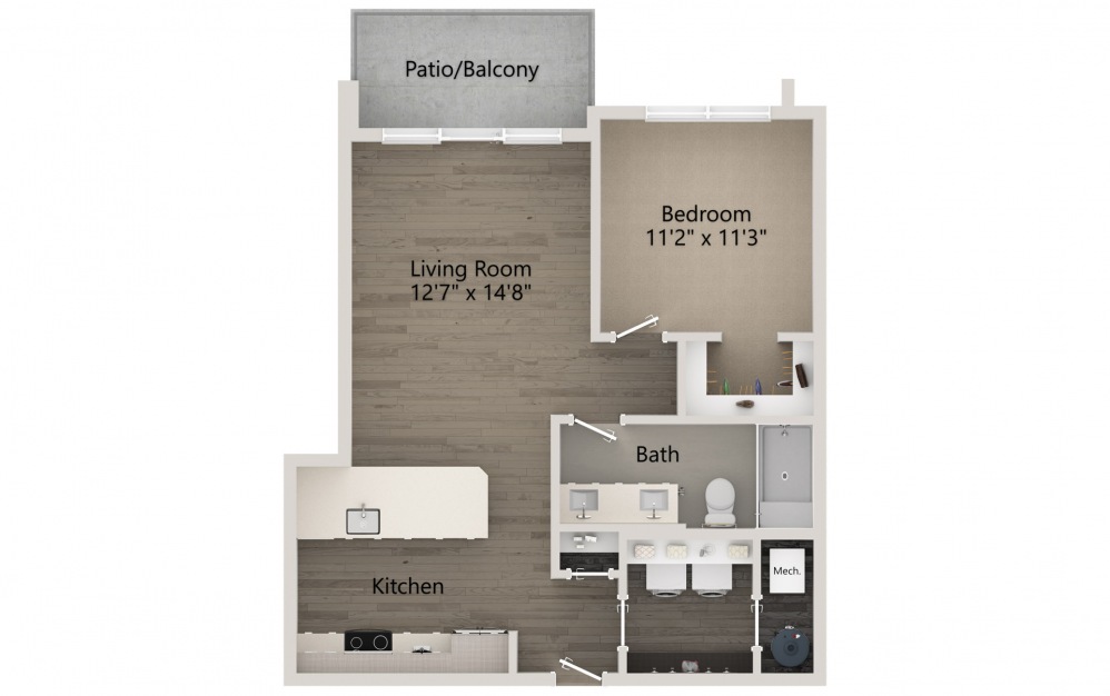 Adagio - 1 bedroom floorplan layout with 1 bath and 714 square feet.