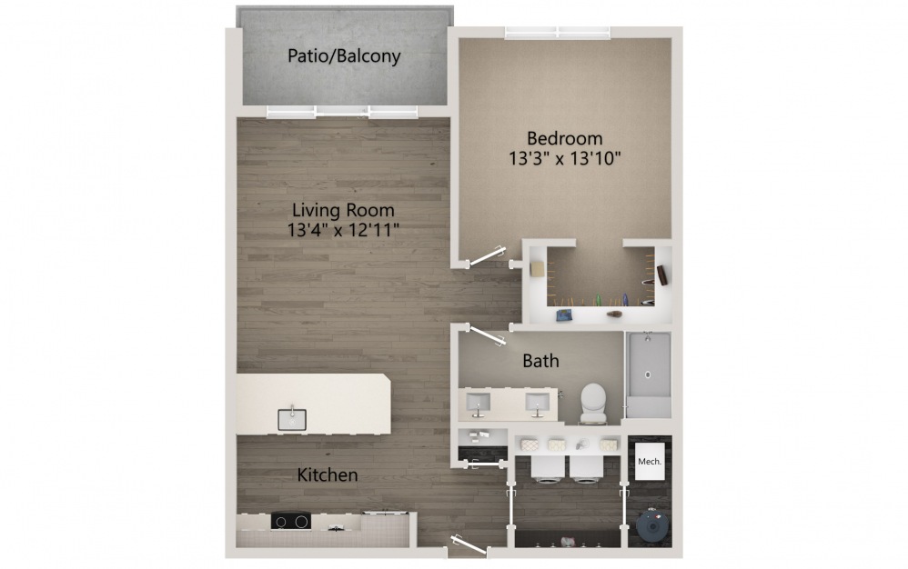 Aria - 1 bedroom floorplan layout with 1 bath and 784 square feet.