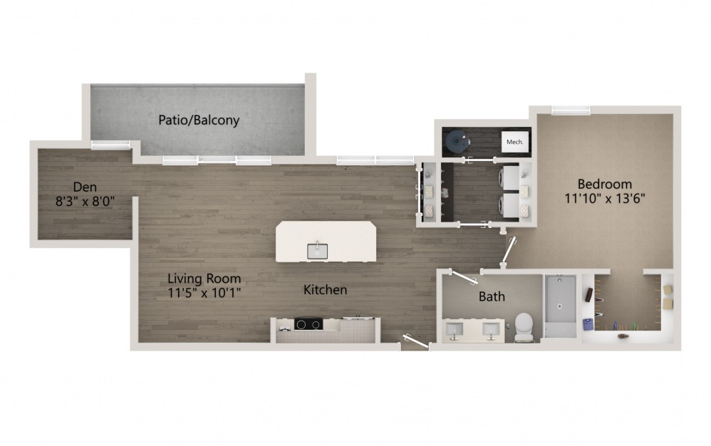 Cadenza - 1 bedroom floorplan layout with 1 bath and 854 square feet.