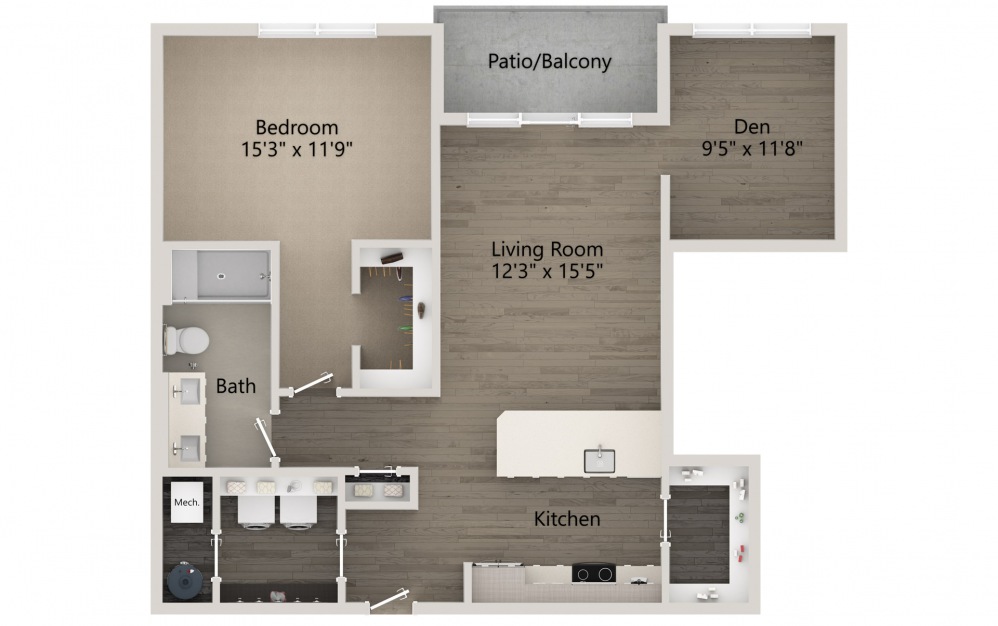 Harmony - 1 bedroom floorplan layout with 1 bath and 950 square feet.