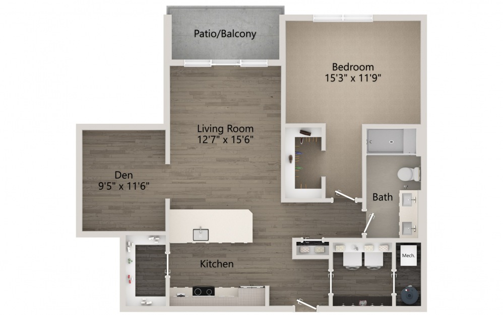 Motif - 1 bedroom floorplan layout with 1 bath and 958 square feet.