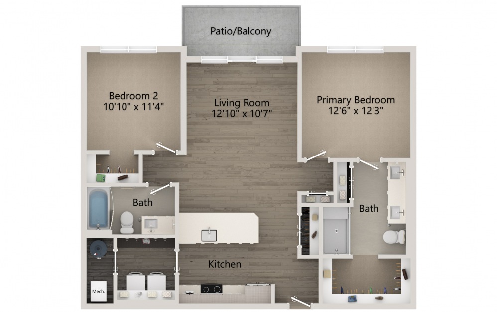 Libretto - 2 bedroom floorplan layout with 2 baths and 1063 square feet.