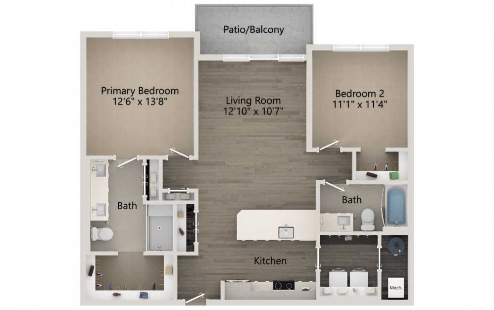 Opus - 2 bedroom floorplan layout with 2 baths and 1083 square feet.