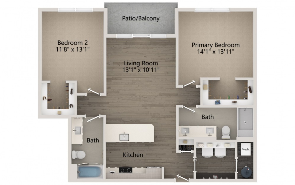Prelude - 2 bedroom floorplan layout with 2 baths and 1086 square feet.