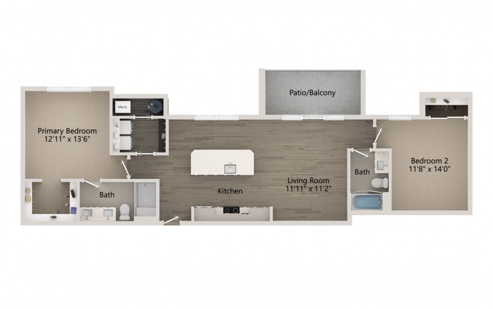 Sonata - 2 bedroom floorplan layout with 2 baths and 1122 square feet.